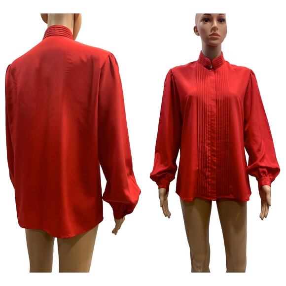 Vintage 70s Red High Collar Secretary Blouse with Pleats | M/L - Picture 1 of 8